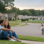 Couple sitting on front steps of suburban home in Monroe, North Carolina