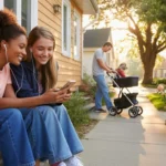 Two teenage girls share earbuds while watching a phone on the front porch steps of an Orange bungalow at sunset.