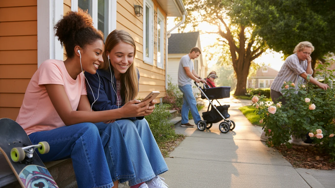 Two teenage girls share earbuds while watching a phone on the front porch steps of an Orange bungalow at sunset.