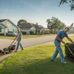 Two neighbors wave while doing yard work outside their suburban homes in Tampa, FL
