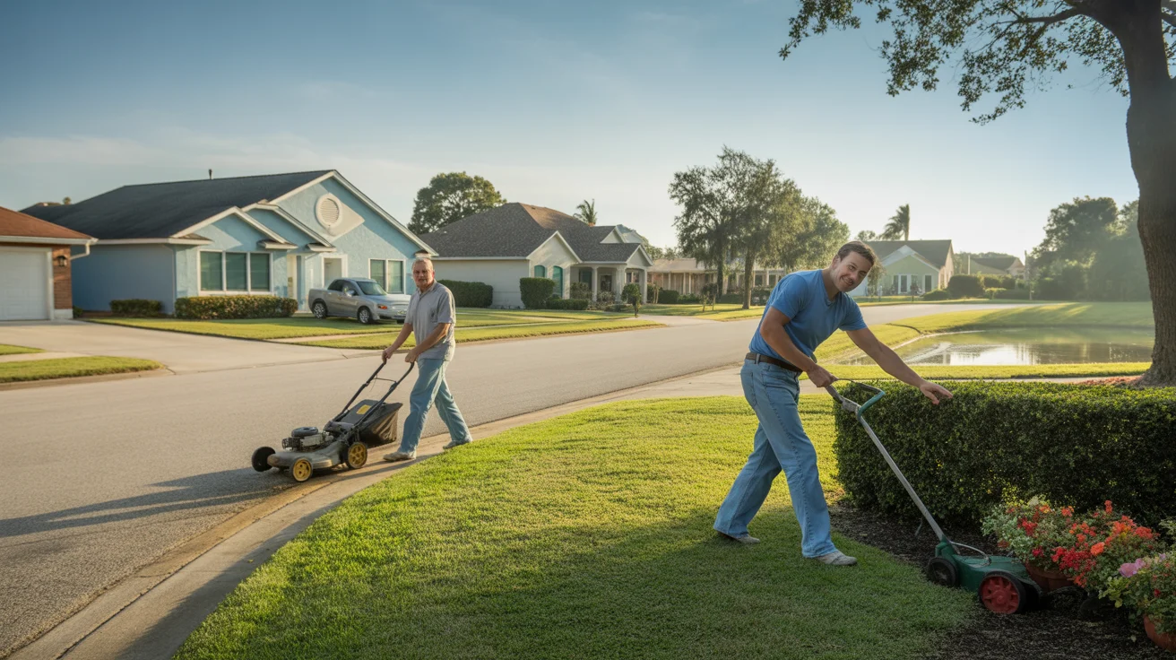 Two neighbors wave while doing yard work outside their suburban homes in Tampa, FL