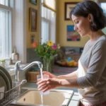 Woman pouring glass of water from kitchen faucet in Gastonia, NC home