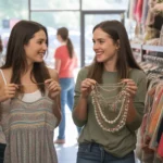 Two young women shopping together at a thrift store in Garland, Texas, looking for affordable fashion finds.