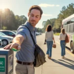 A man taps his transit card on a bus fare validator at a Clermont park-and-ride lot.