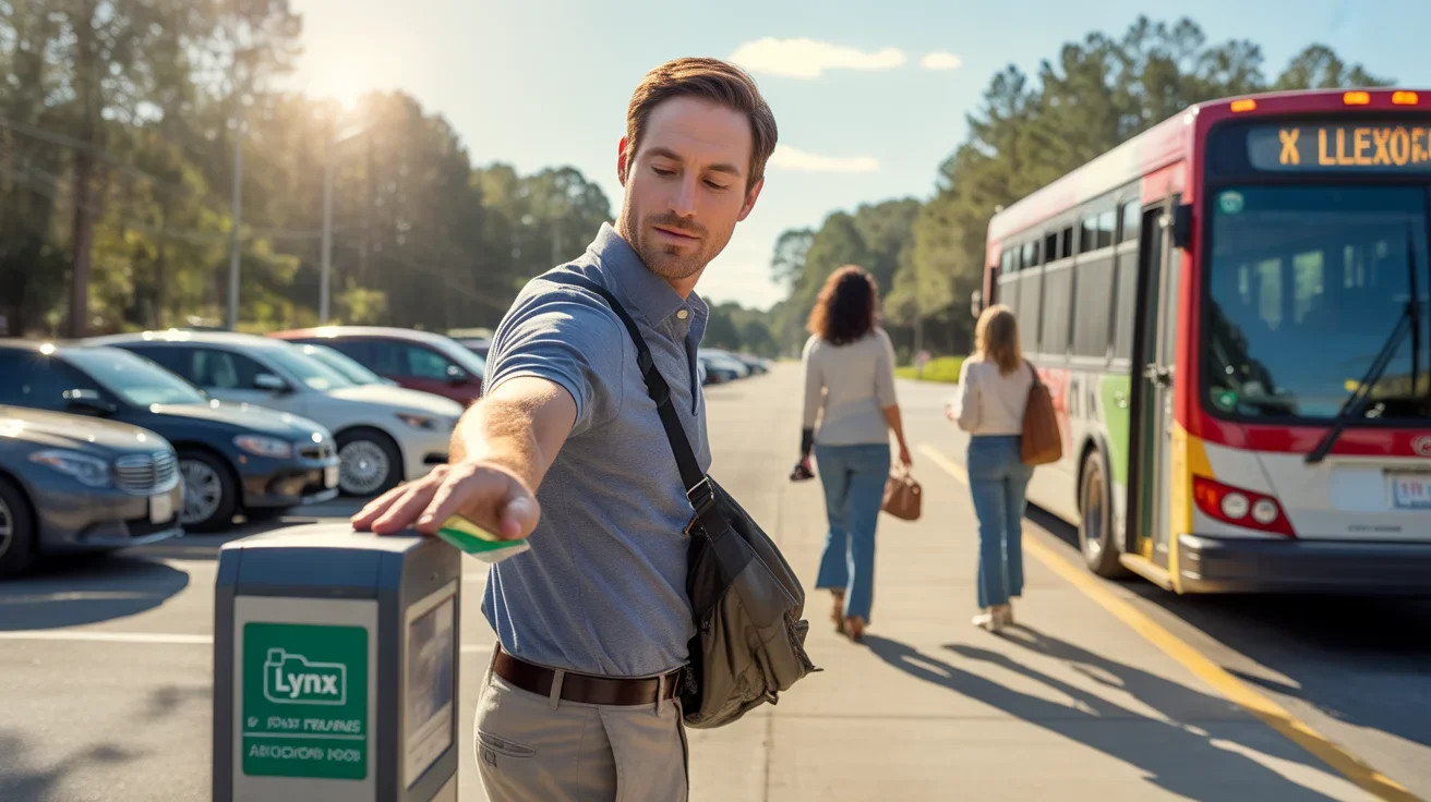 A man taps his transit card on a bus fare validator at a Clermont park-and-ride lot.