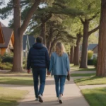 Couple walking through Boulder CO neighborhood at sunset