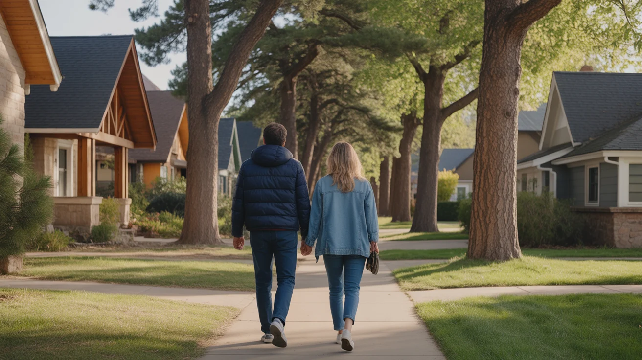 Couple walking through Boulder CO neighborhood at sunset