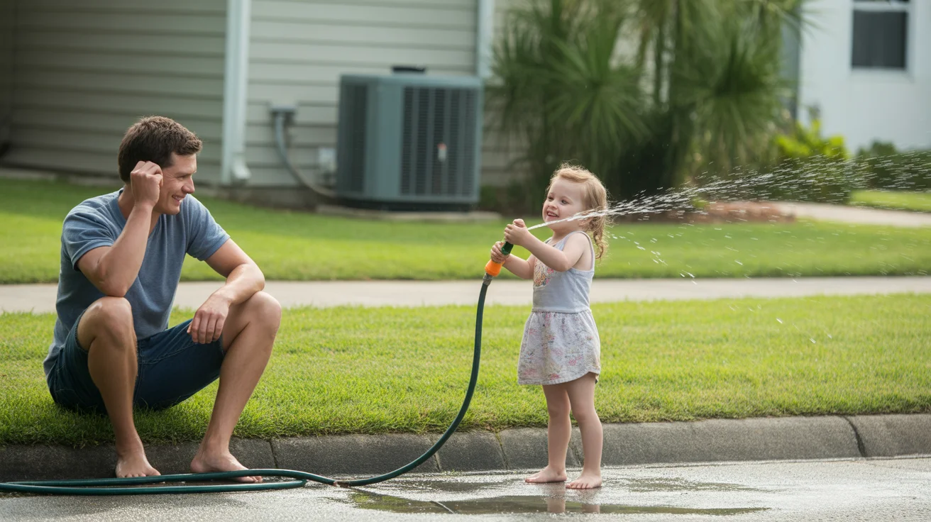 Father and daughter enjoying the lawn and water sprinkler on a hot summer day in Lakeland, Florida