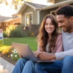 Couple reviewing finances while sitting in front of their new Arvada home