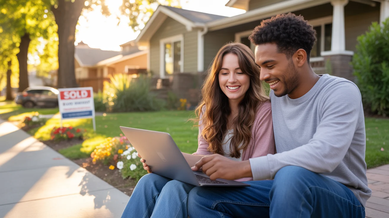 Couple reviewing finances while sitting in front of their new Arvada home