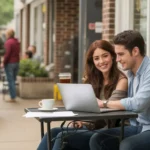 Couple looking at laptop and smiling outside local coffee shop in Irving, Texas