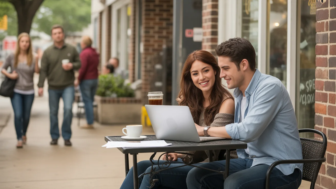 Couple looking at laptop and smiling outside local coffee shop in Irving, Texas