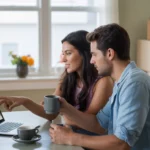 Couple researching Fullerton home prices in their apartment kitchen