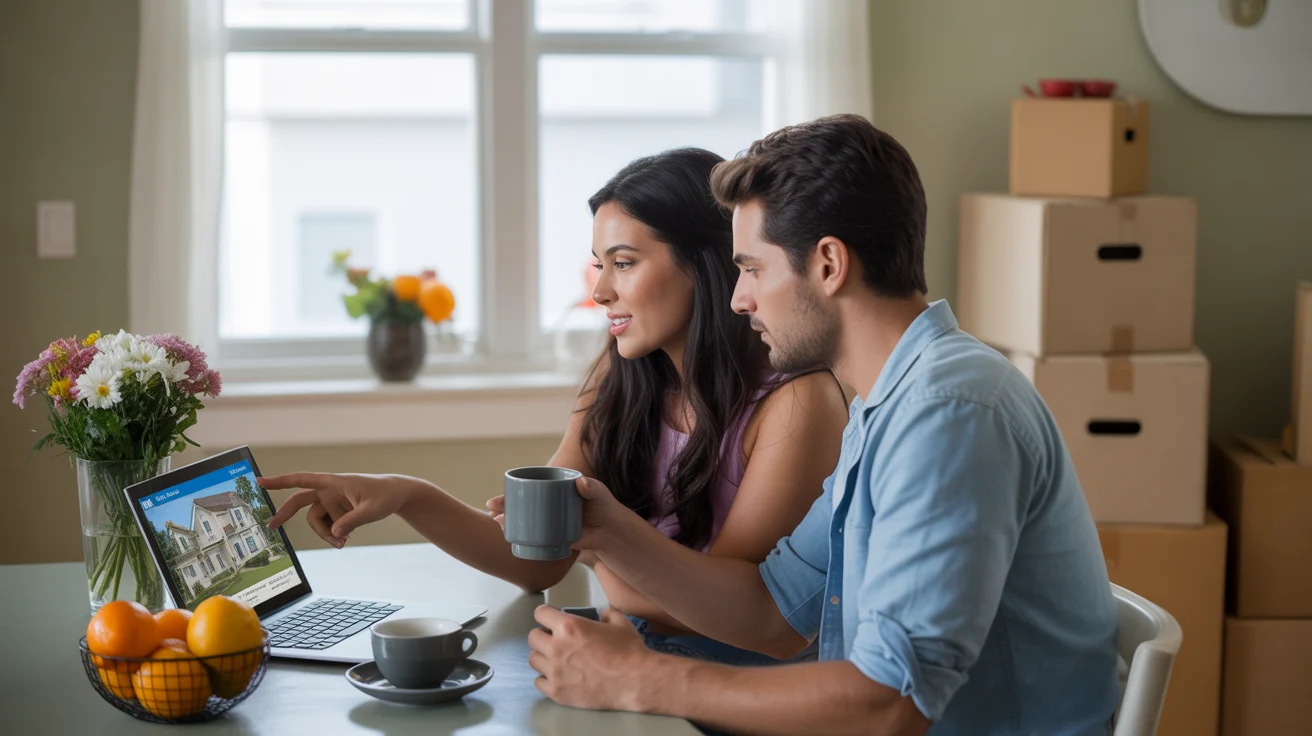 Couple researching Fullerton home prices in their apartment kitchen