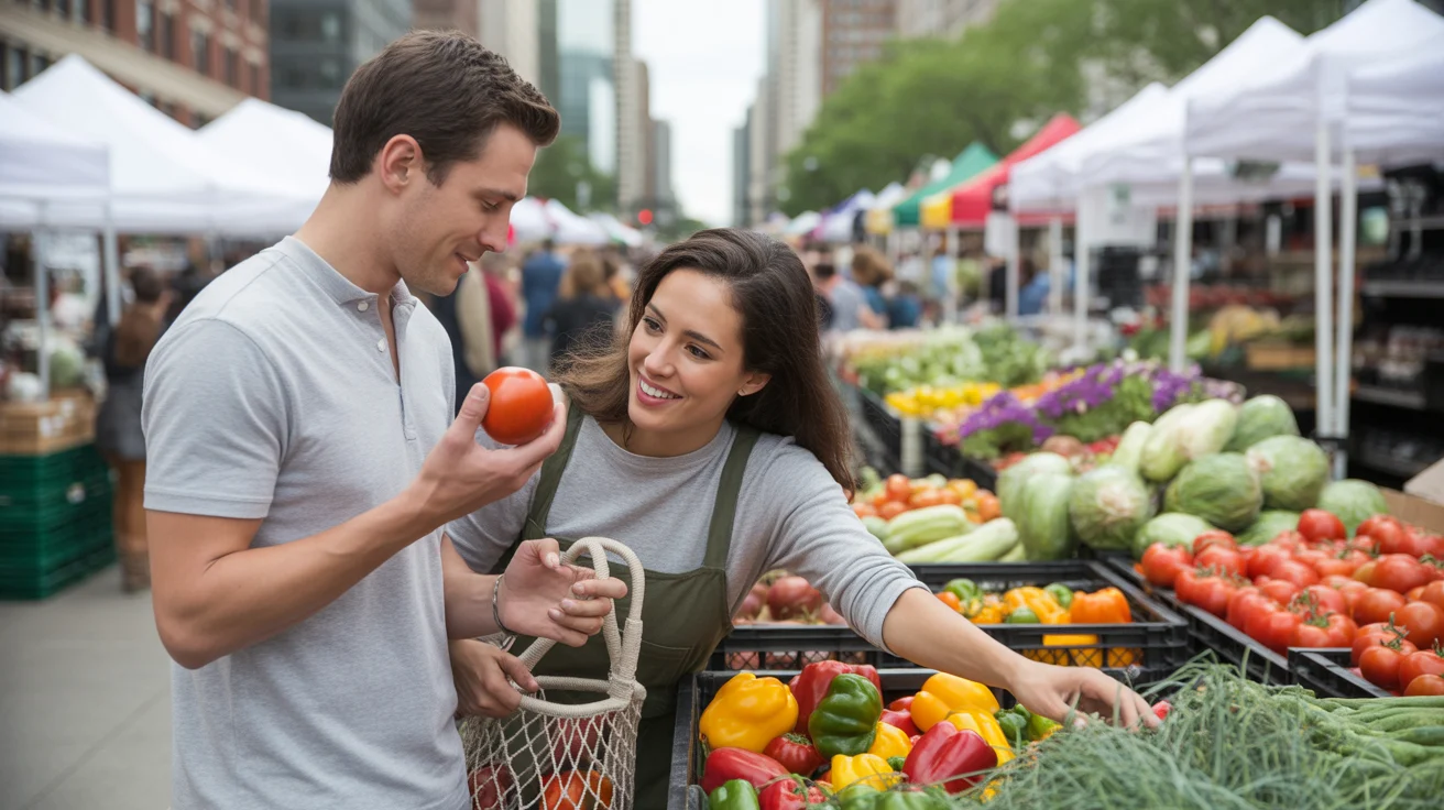 A couple comparing prices on fresh produce at a farmers market in Chicago