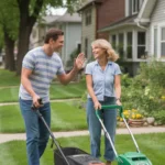 Neighbors wave while mowing their lawns on a sunny morning in Joliet, IL