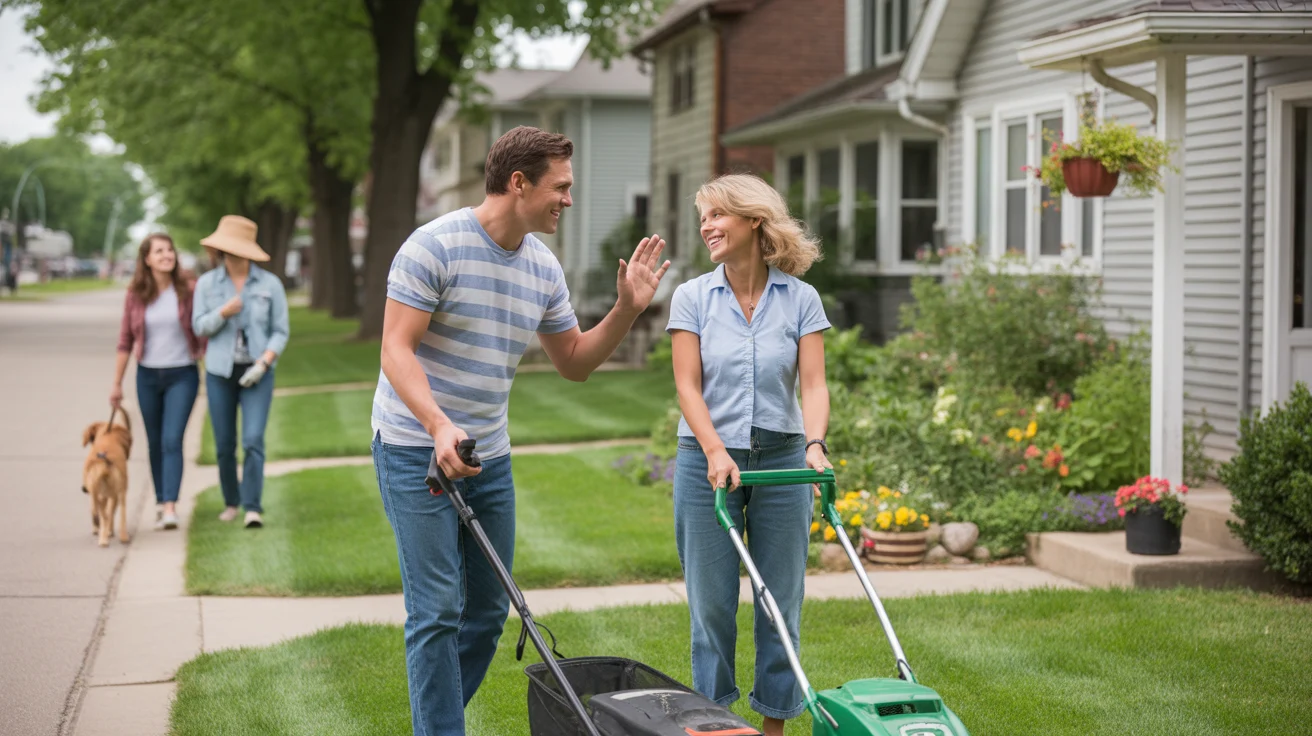 Neighbors wave while mowing their lawns on a sunny morning in Joliet, IL