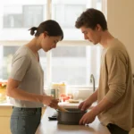 Couple cooking together in modern Orange apartment kitchen