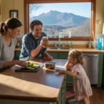 Family enjoying time together in the kitchen of their Boulder home with the Flatirons visible outside.