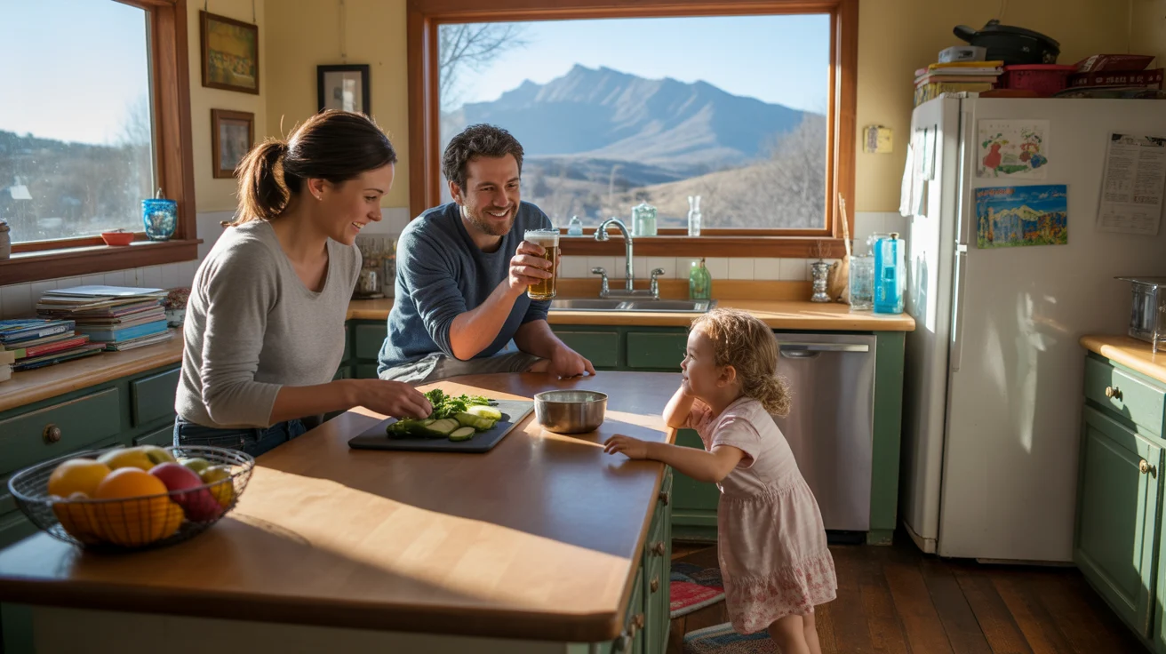 Family enjoying time together in the kitchen of their Boulder home with the Flatirons visible outside.