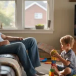 Father relaxes in recliner while son plays with blocks on floor in living room of suburban Aurora, IL home