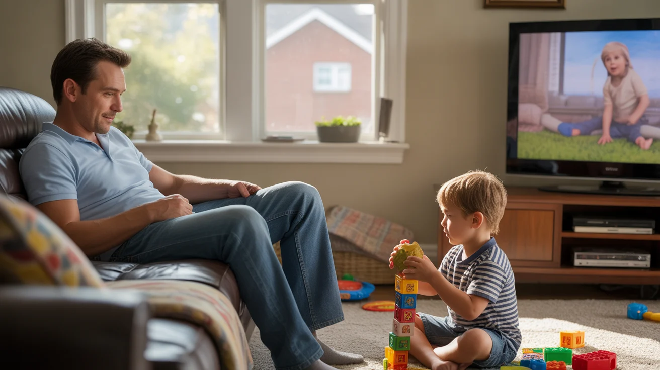 Father relaxes in recliner while son plays with blocks on floor in living room of suburban Aurora, IL home
