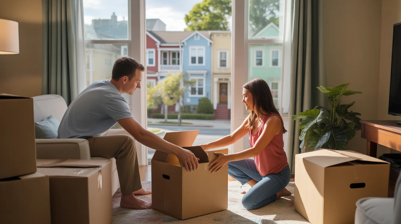 Couple unpacking in their new Smyrna apartment living room