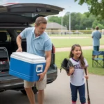 Father loading sports gear into car trunk with daughter in softball uniform waiting nearby at local park in League City, TX