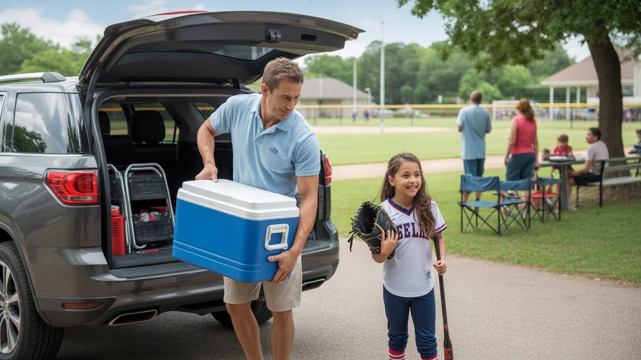 Father loading sports gear into car trunk with daughter in softball uniform waiting nearby at local park in League City, TX