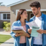 Couple reviewing bills and fees in driveway of Las Vegas home