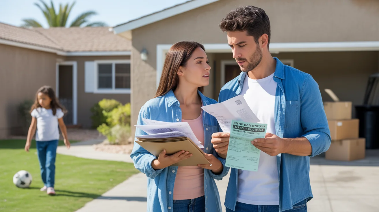 Couple reviewing bills and fees in driveway of Las Vegas home