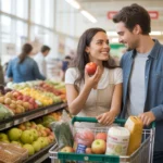 Couple grocery shopping in Wheaton supermarket produce section