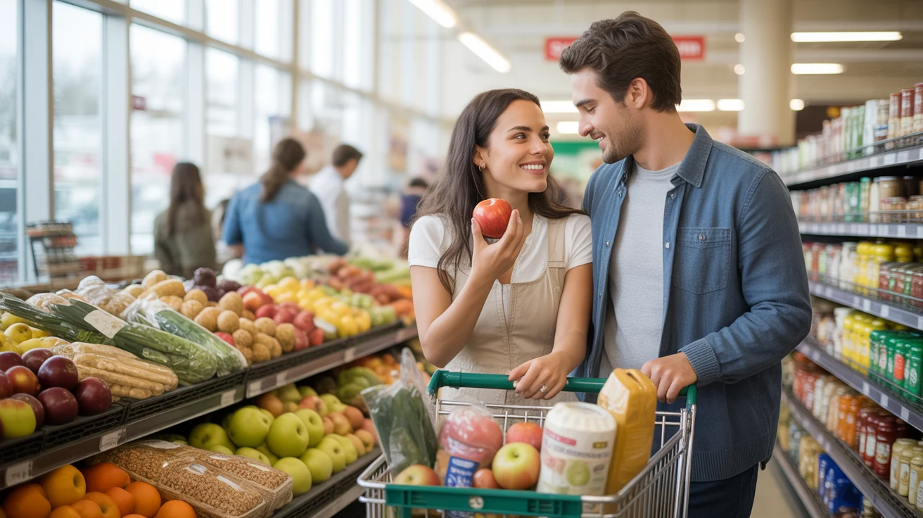 Couple grocery shopping in Wheaton supermarket produce section