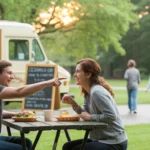 Two friends enjoy a food truck meal together at a picnic table in an Elgin park on a sunny day.