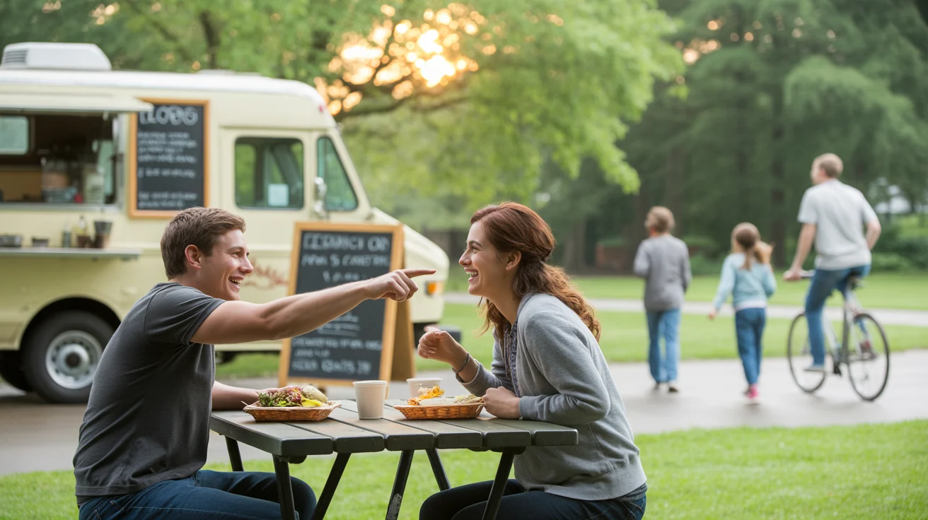 Two friends enjoy a food truck meal together at a picnic table in an Elgin park on a sunny day.