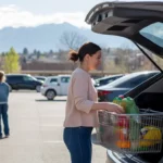 Woman loading groceries into car trunk outside local grocery store in Aurora, Colorado