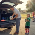 Father loading sports gear into car with daughter holding trophy at park in New Braunfels, TX
