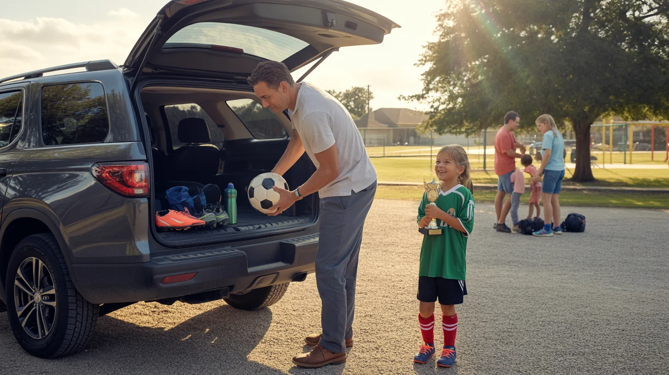 Father loading sports gear into car with daughter holding trophy at park in New Braunfels, TX