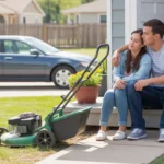 Couple sits on front porch steps of their Highlands Ranch home
