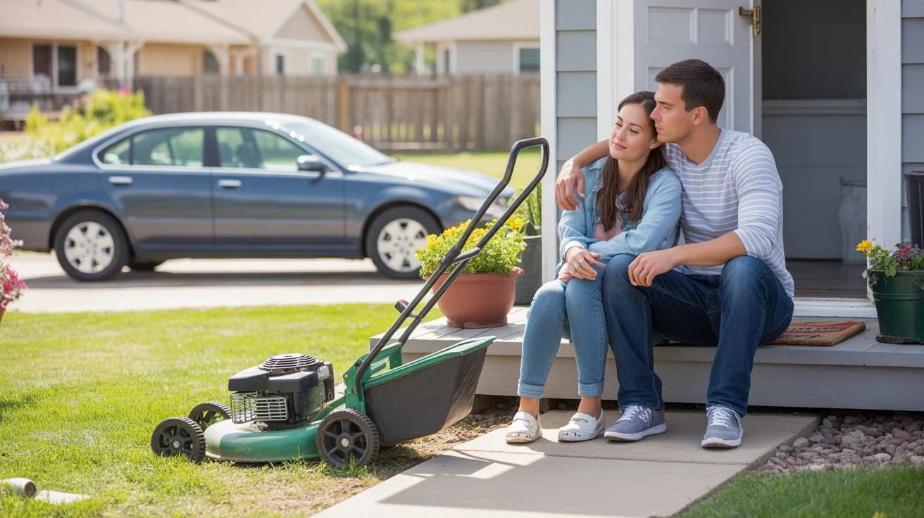 Couple sits on front porch steps of their Highlands Ranch home