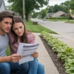 Couple sits on front steps of suburban home reviewing paperwork