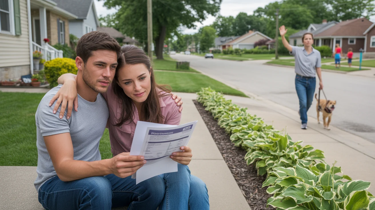 Couple sits on front steps of suburban home reviewing paperwork