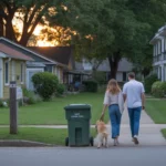 Couple walking dog past house and apartment at sunset in Monroe, NC neighborhood