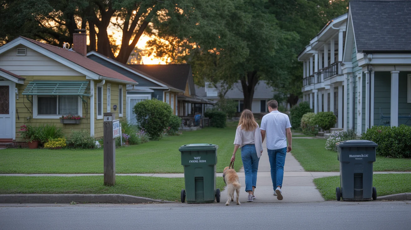 Couple walking dog past house and apartment at sunset in Monroe, NC neighborhood