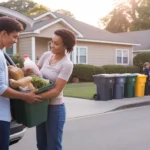 Couple unloading groceries in driveway of suburban Charlotte home at sunset, with apartment complex next door