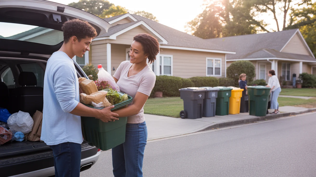 Couple unloading groceries in driveway of suburban Charlotte home at sunset, with apartment complex next door
