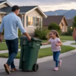 Father and daughter taking out trash at their Thornton, Colorado home at dusk