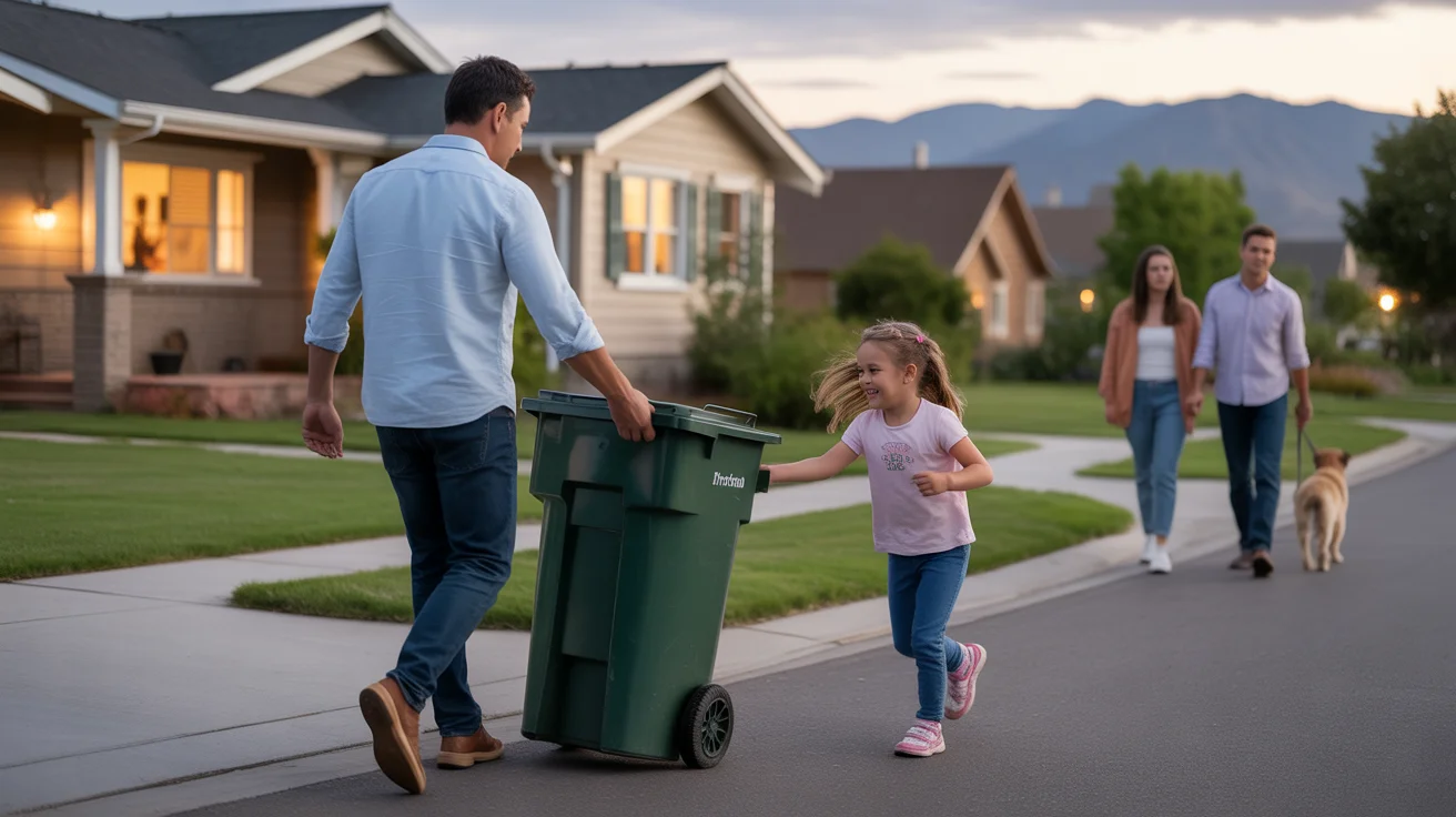 Father and daughter taking out trash at their Thornton, Colorado home at dusk