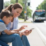 Mother and son waiting for the bus at a stop in Rock Hill, SC