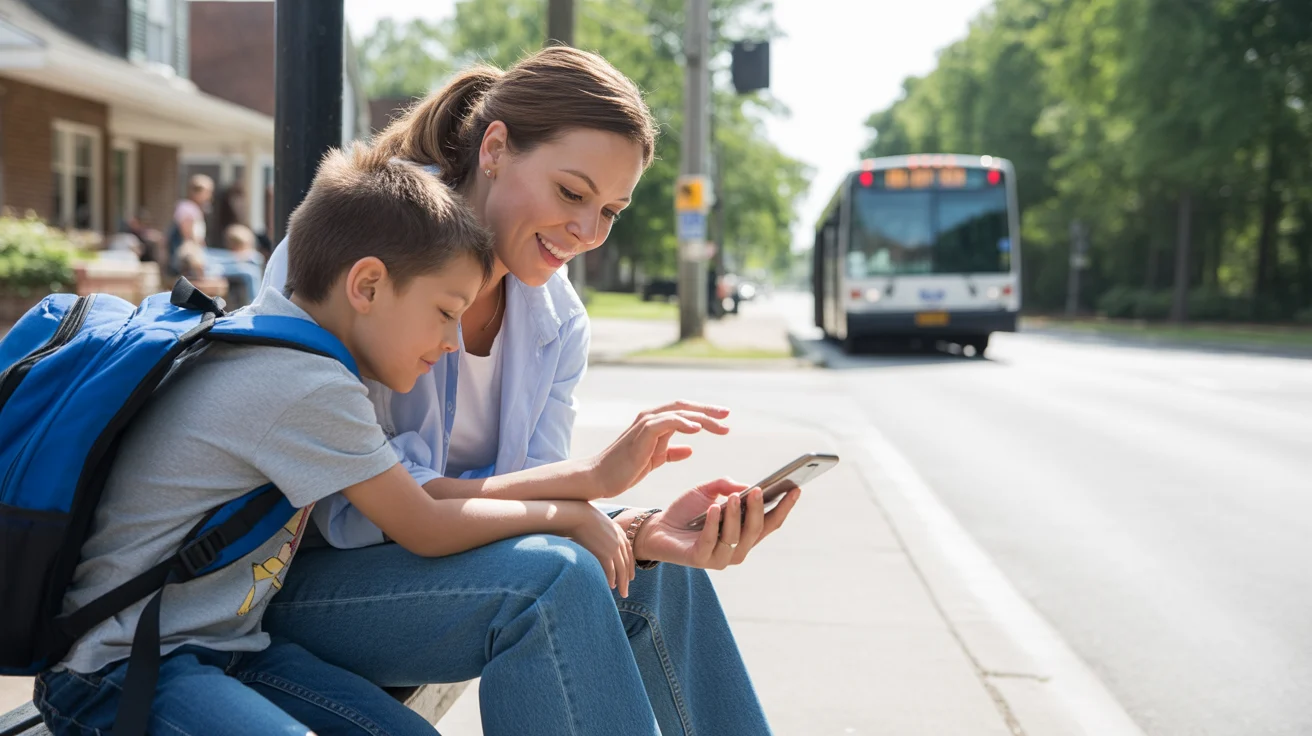 Mother and son waiting for the bus at a stop in Rock Hill, SC